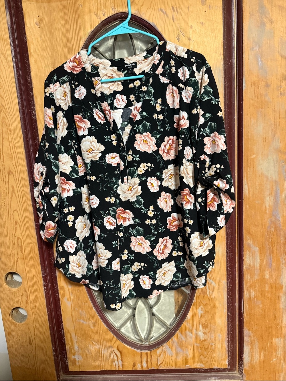 torrid Black Floral Split-Neck Blouse with Blush Roses
